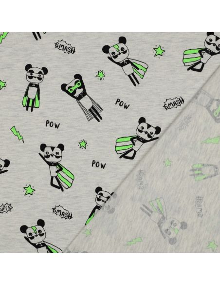 Heathered jersey fabric - Green superhero on gray background