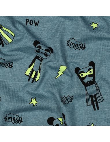 Heathered jersey fabric - Yellow superhero on blue background