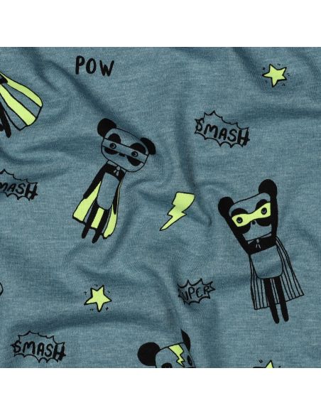 Heathered jersey fabric - Yellow superhero on blue background