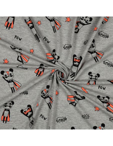Heathered jersey fabric - Orange superhero on gray background