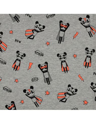 Heathered jersey fabric - Orange superhero on gray background