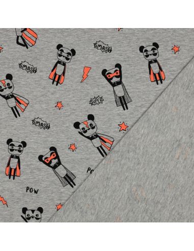 Heathered jersey fabric - Orange superhero on gray background