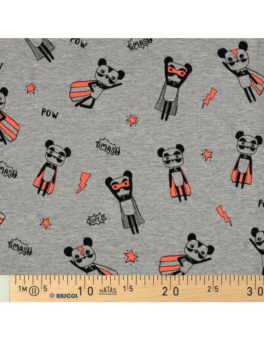 Heathered jersey fabric - Orange superhero on gray background
