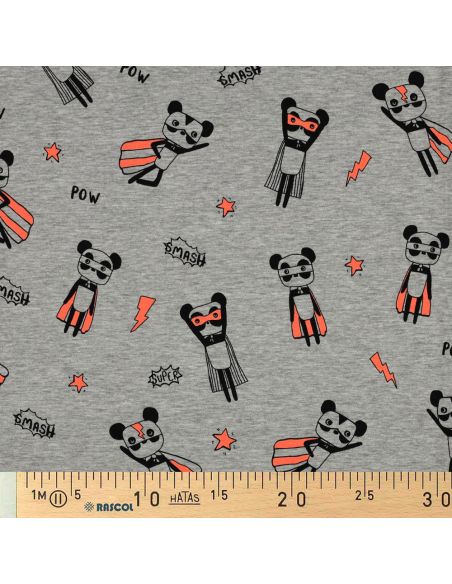 Heathered jersey fabric - Orange superhero on gray background