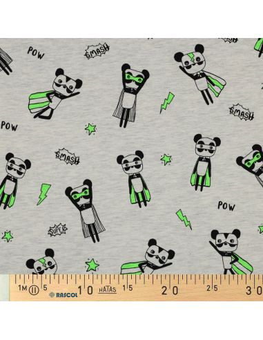 Heathered jersey fabric - Green superhero on gray background