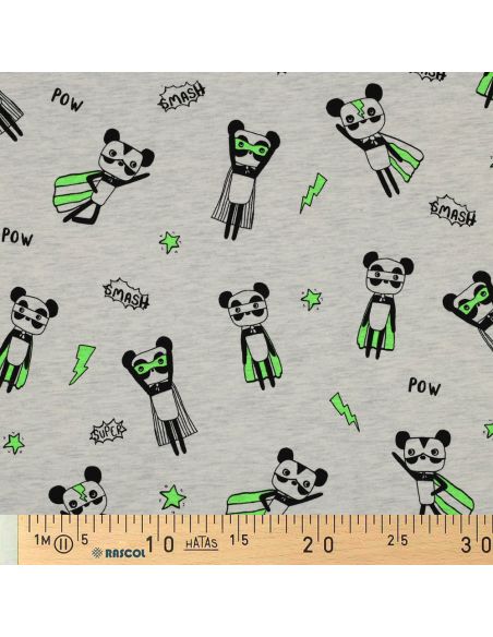 Heathered jersey fabric - Green superhero on gray background