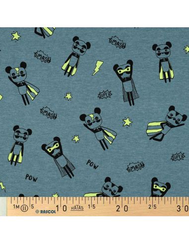 Heathered jersey fabric - Yellow superhero on blue background