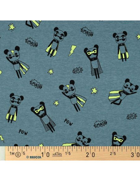 Heathered jersey fabric - Yellow superhero on blue background