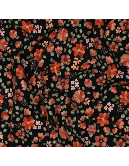 Anna Jersey Fabric - Peach Flowers on Black Background