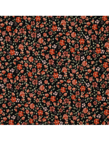 Anna Jersey Fabric - Peach Flowers on Black Background