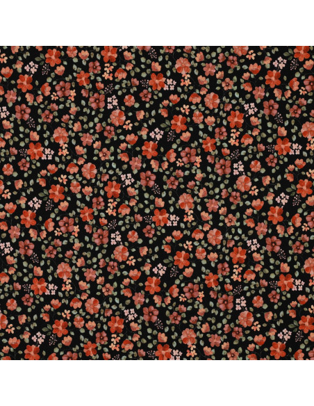 Anna Jersey Fabric - Peach Flowers on Black Background