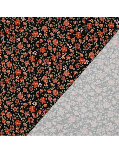 Anna Jersey Fabric - Peach Flowers on Black Background