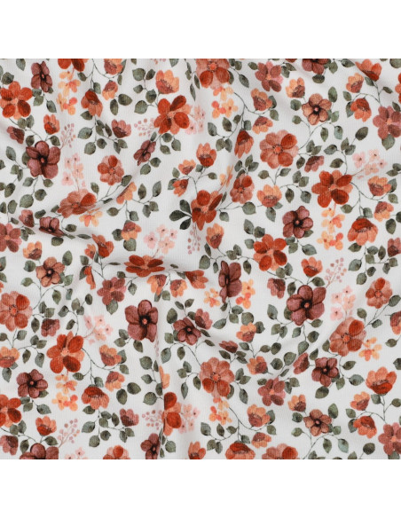 Anna Jersey Fabric - Peach Flowers on White Background