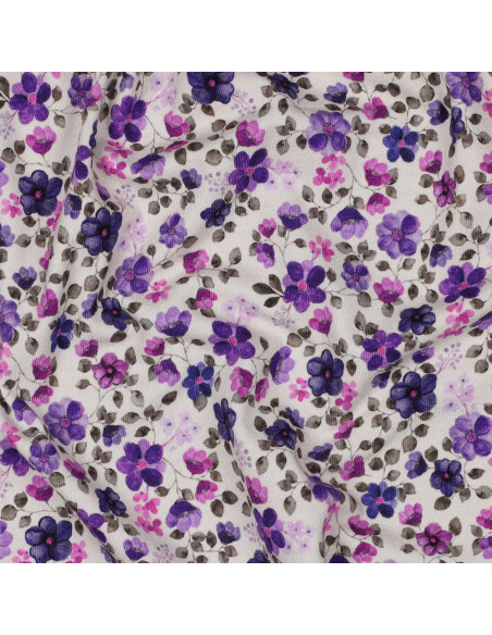 Anna Jersey Fabric - Purple flowers on an off-white background