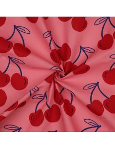 Water-repellent cotton fabric with large cherries - Pink