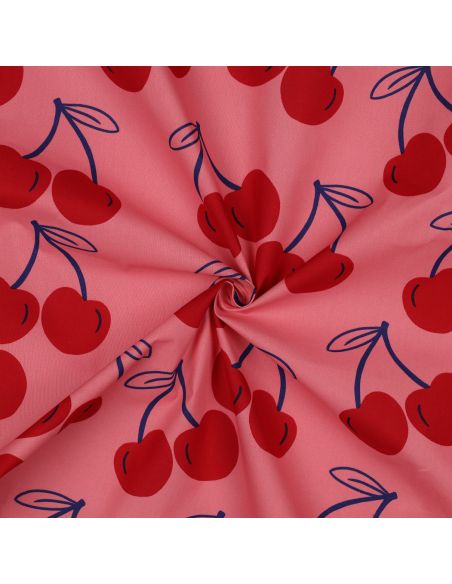 Water-repellent cotton fabric with large cherries - Pink