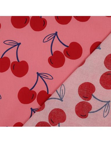 Water-repellent cotton fabric with large cherries - Pink