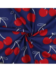Water-repellent cotton fabric with large cherries - Blue