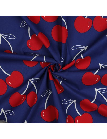 Water-repellent cotton fabric with large cherries - Blue