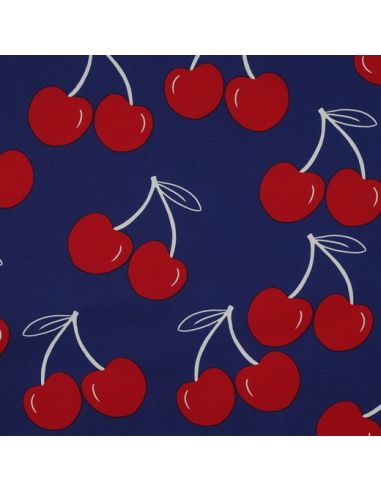 Water-repellent cotton fabric with large cherries - Blue