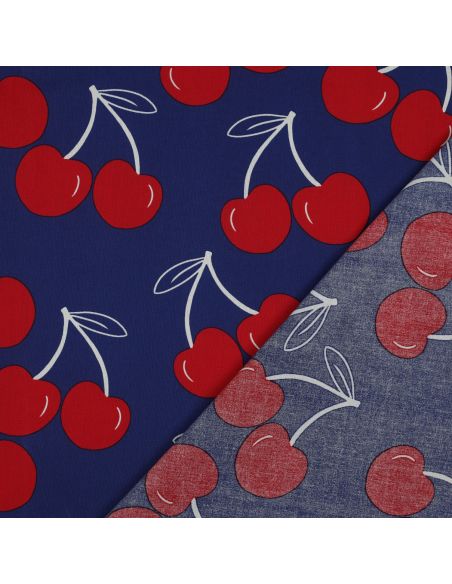 Water-repellent cotton fabric with large cherries - Blue