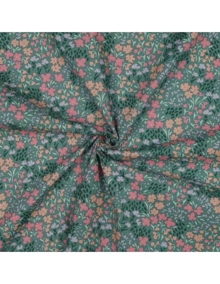 Water-repellent cotton fabric with small flowers - Green background