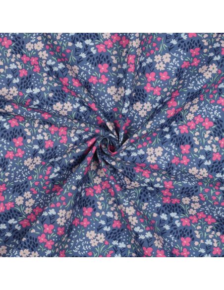 Water-repellent cotton fabric with small flowers - Denim blue background
