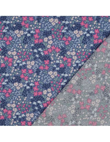 Water-repellent cotton fabric with small flowers - Denim blue background