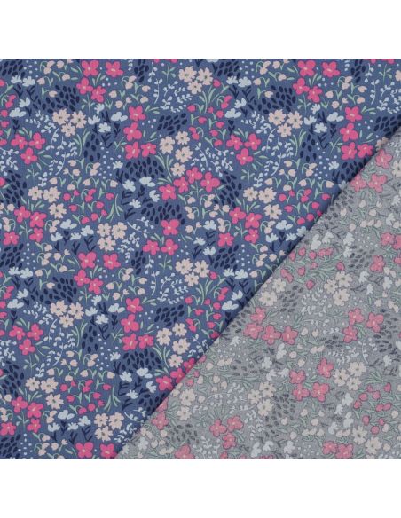 Water-repellent cotton fabric with small flowers - Denim blue background