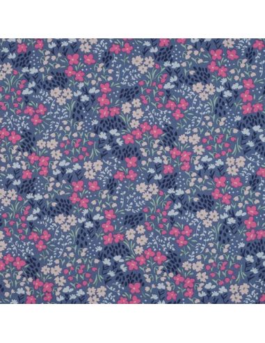 Water-repellent cotton fabric with small flowers - Denim blue background
