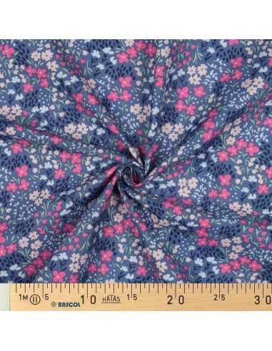 Water-repellent cotton fabric with small flowers - Denim blue background