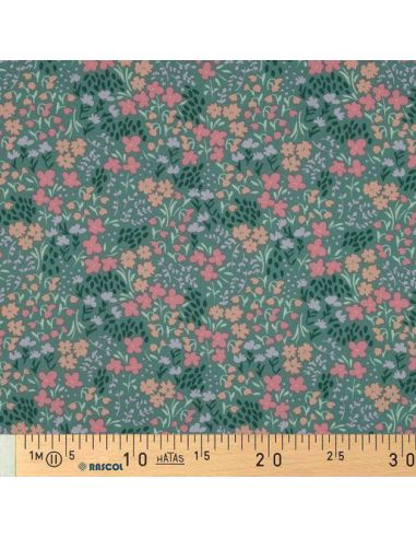 Water-repellent cotton fabric with small flowers - Green background