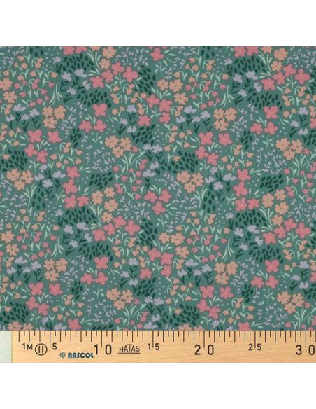 Water-repellent cotton fabric with small flowers - Green background