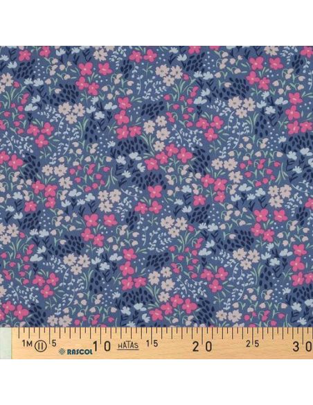 Water-repellent cotton fabric with small flowers - Denim blue background