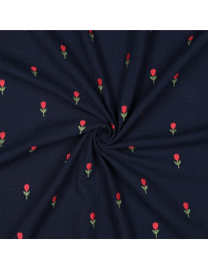Double gauze fabric embroidered with tulips - Navy