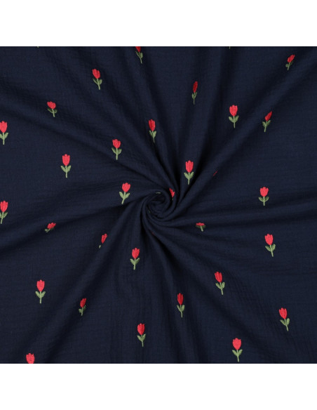 Double gauze fabric embroidered with tulips - Navy