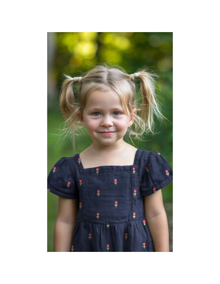 Double gauze fabric embroidered with tulips - Navy