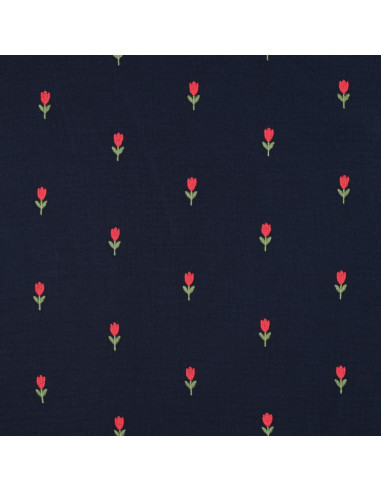 Double gauze fabric embroidered with tulips - Navy
