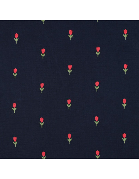 Double gauze fabric embroidered with tulips - Navy