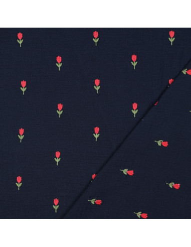 Double gauze fabric embroidered with tulips - Navy