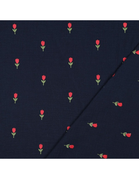 Double gauze fabric embroidered with tulips - Navy