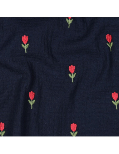 Double gauze fabric embroidered with tulips - Navy