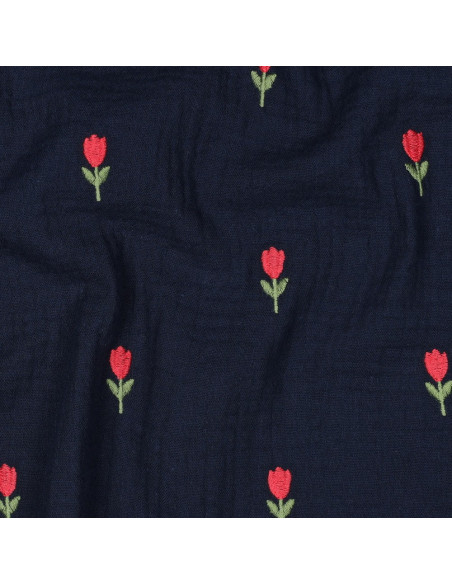Double gauze fabric embroidered with tulips - Navy