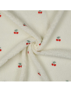 Teddy fur fabric embroidered with cherries - Ecru