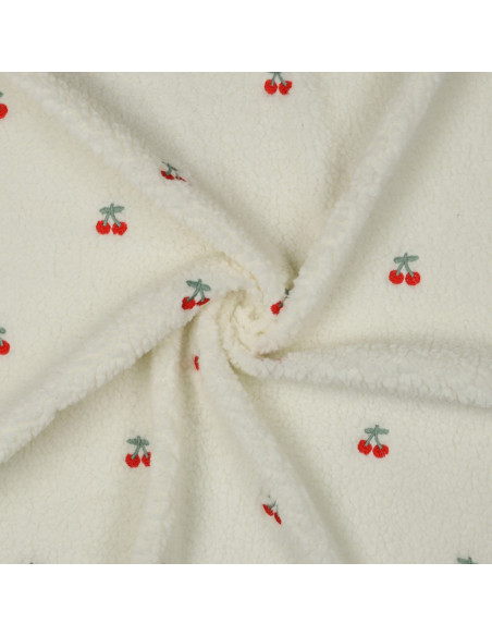 Teddy fur fabric embroidered with cherries - Ecru