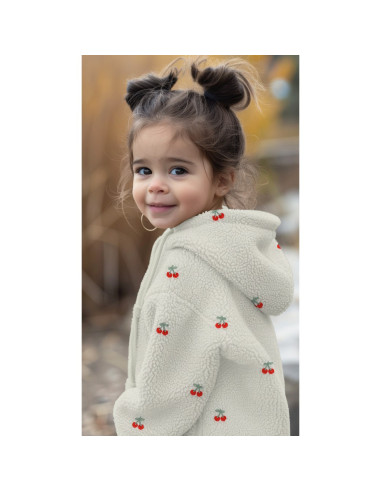 Teddy fur fabric embroidered with cherries - Ecru