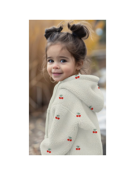Teddy fur fabric embroidered with cherries - Ecru