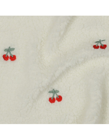 Teddy fur fabric embroidered with cherries - Ecru