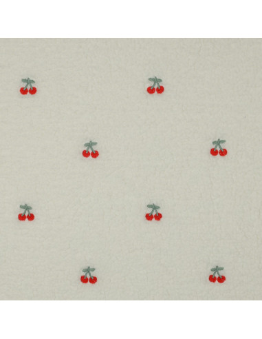 Teddy fur fabric embroidered with cherries - Ecru