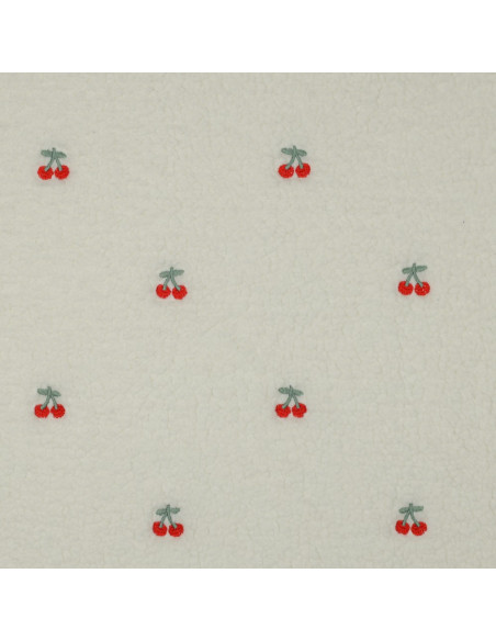 Teddy fur fabric embroidered with cherries - Ecru